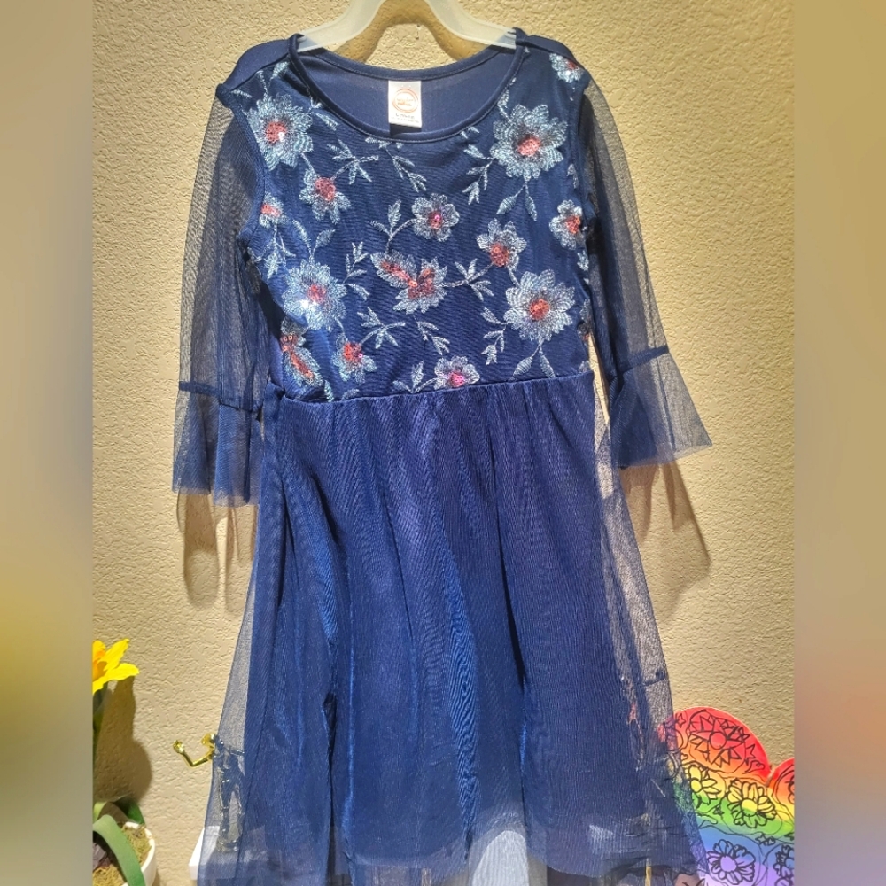 Girls navy embroidered floral overlay dress with sheer sleeves Sz 10